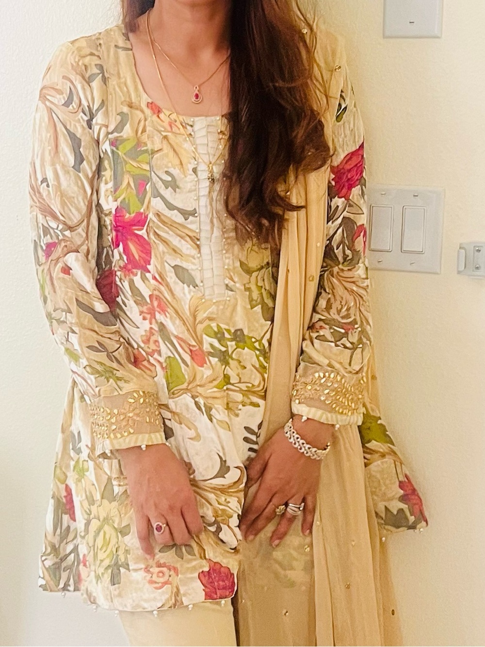 Embroidered Floral Kurta Set in Cream with Pink & Green Accents